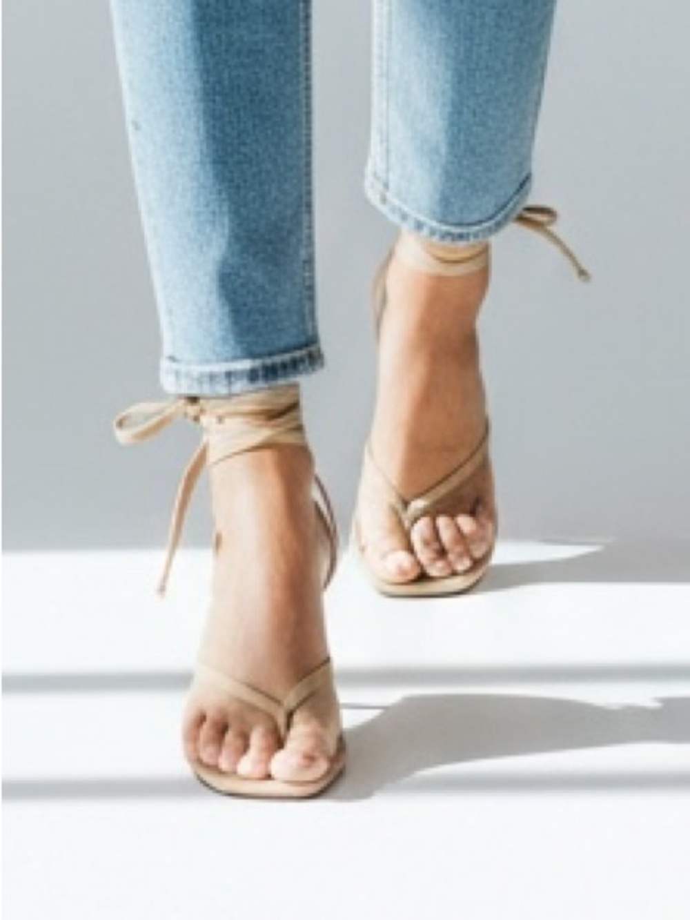 Zara Beige Leather Wrap-Ankle Square-Toe Sandals